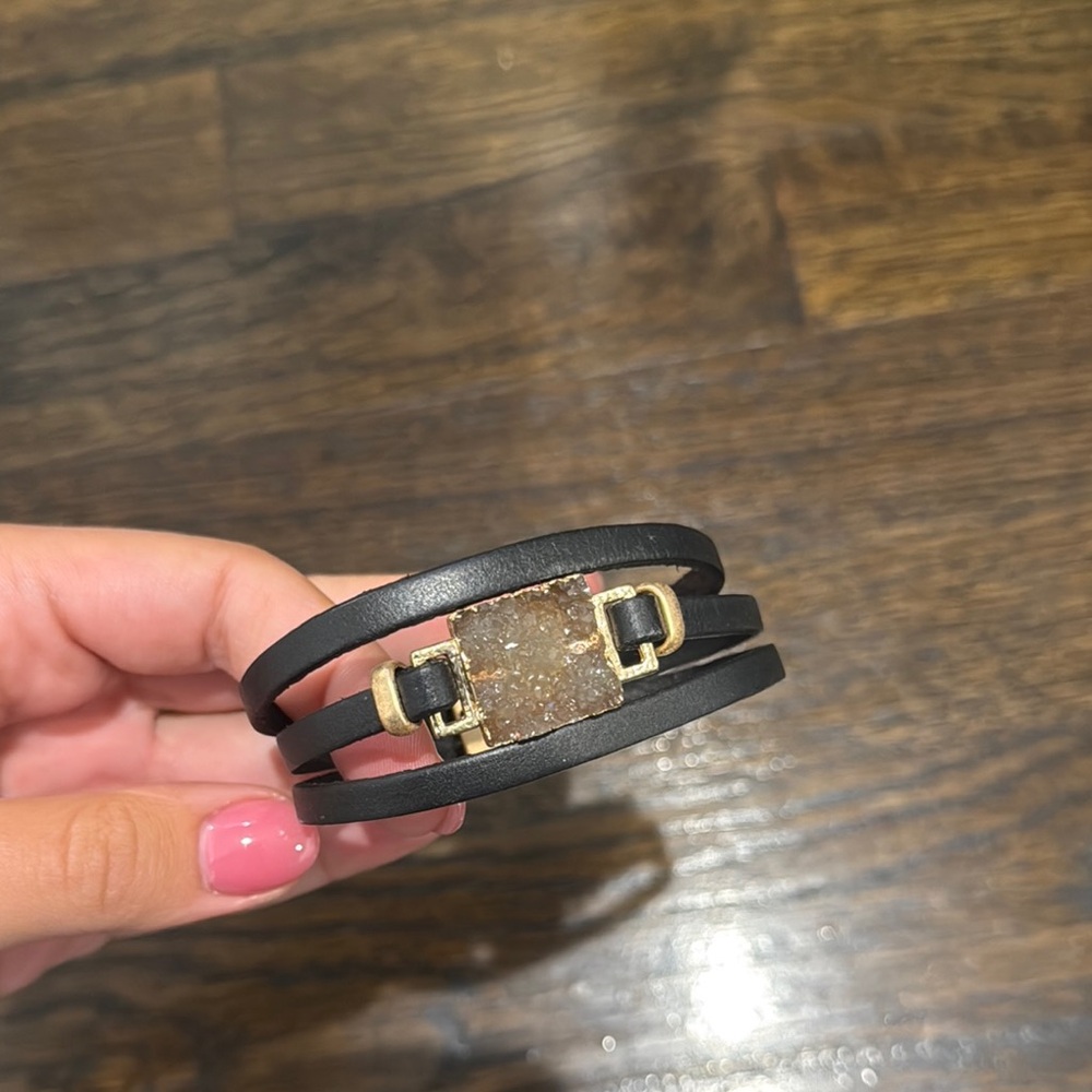 Black‎ Leather Wrap Bracelet with Gold Accents